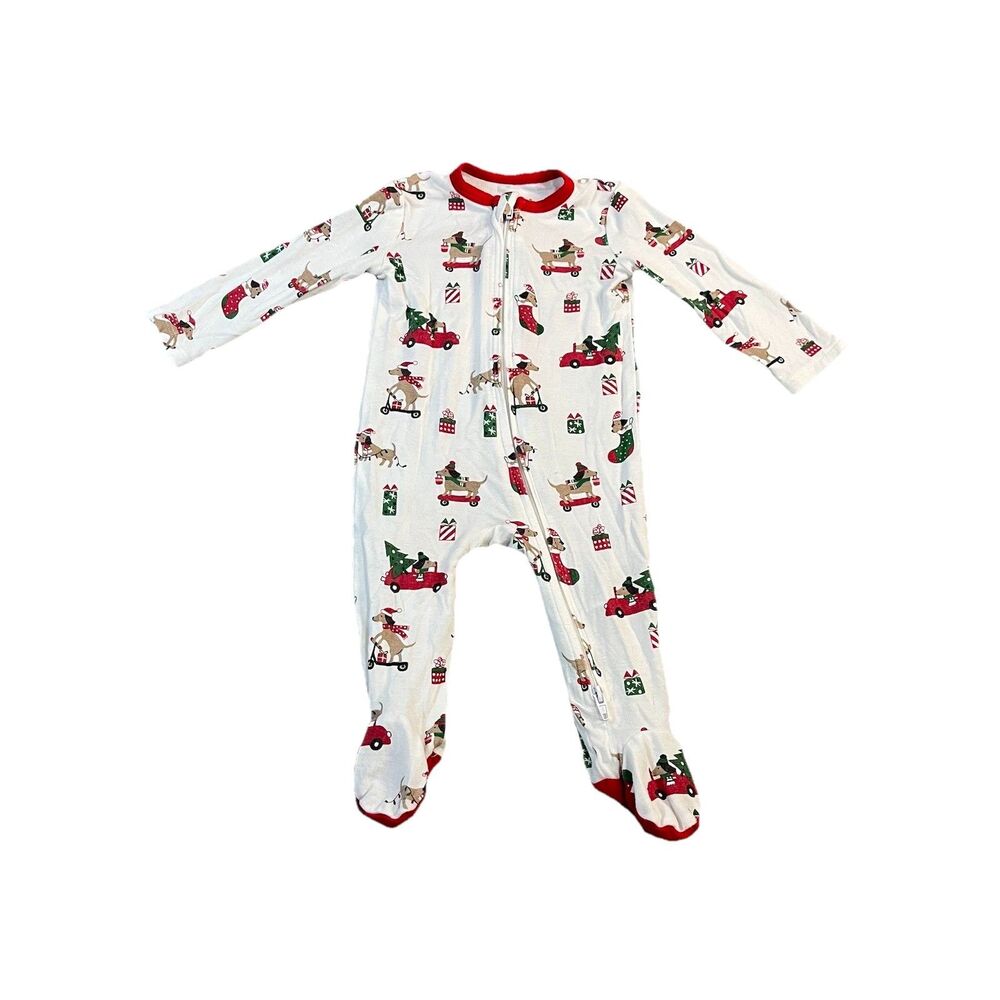 Little Me Christmas Bamboo One Piece Pajama Full Zip Baby Size 3M Dog Tree